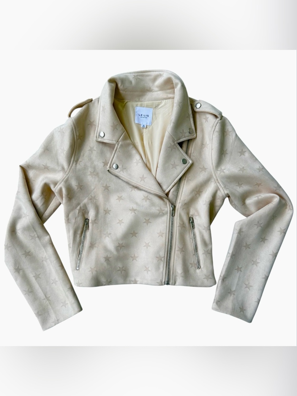 Le Lis Cream Faux Micro Suede Flattering  Star Print Moto Jacket M